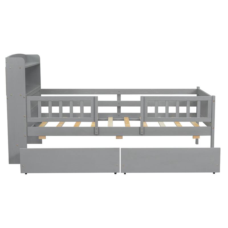Wood Twin Size Platform Bed With Built-In Led Light,Multi-Functional Headboard,Guardrail And 2 Drawers