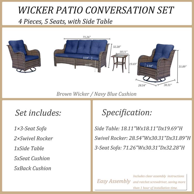 4 Piece Patio Furniture Seating Sofa Set with Swivel Chair and Cushion