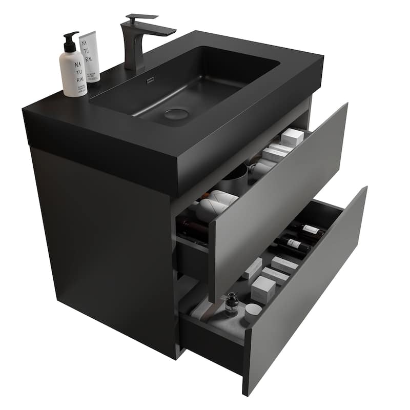 Modern Large Storage Wall Mounted Bathroom Vanity with One-Piece Sink Basin without Drain and Faucet