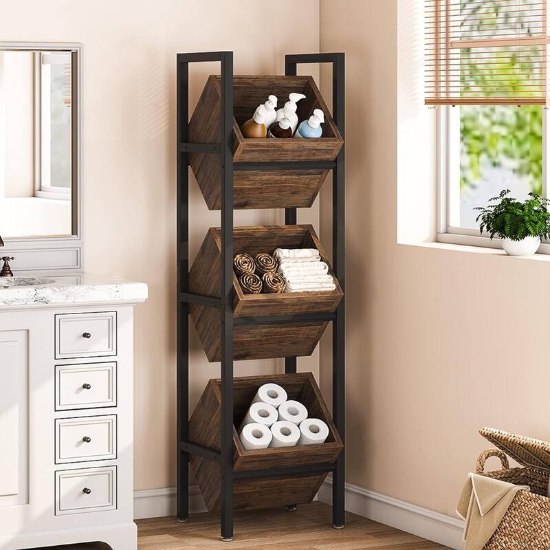 3 Tier Basket Storage Stand for Kitchen Bathroom Living Room - Rustic Brown, Black
