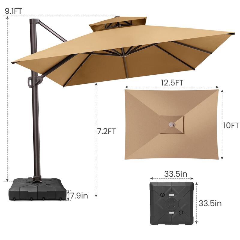 10X12.5 FT Outdoor Dual Top Patio Offset Umbrella 360 degrees Rotation with Base