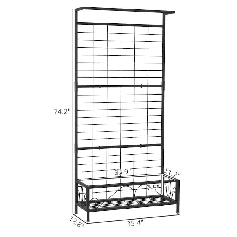 74-Inch Tall Steel Flower Stand with Trellis and Hanging Basket Roof for Garden Patio Plants - 36.2" W x 12.8" D x 74.2" H
