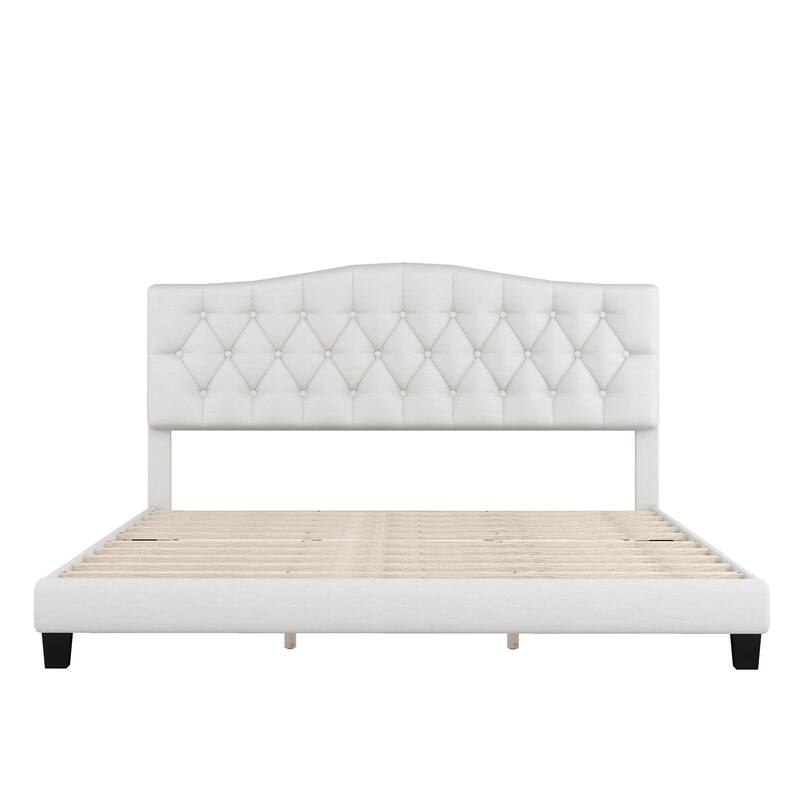 Beige Upholstered Low Profile Platform Bed Frame Saddle Curved Headboard Wingback Bed with Diamond Tufted Details Panel Bed