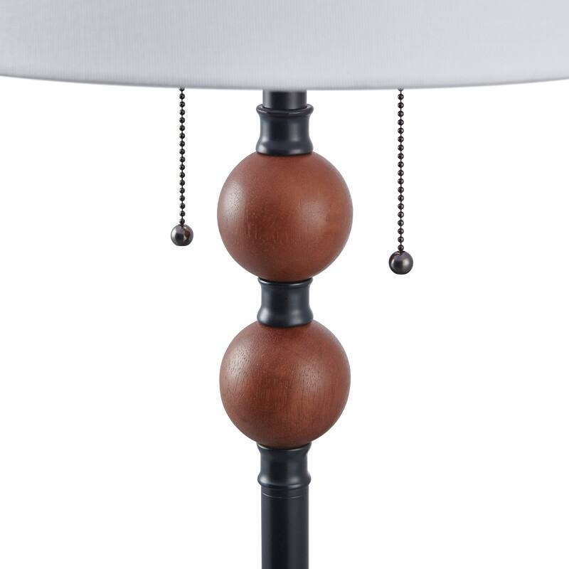 61''Black Metal & Red Wood Floor Lamp with Fabric Shade - W16" x D16" x H61"