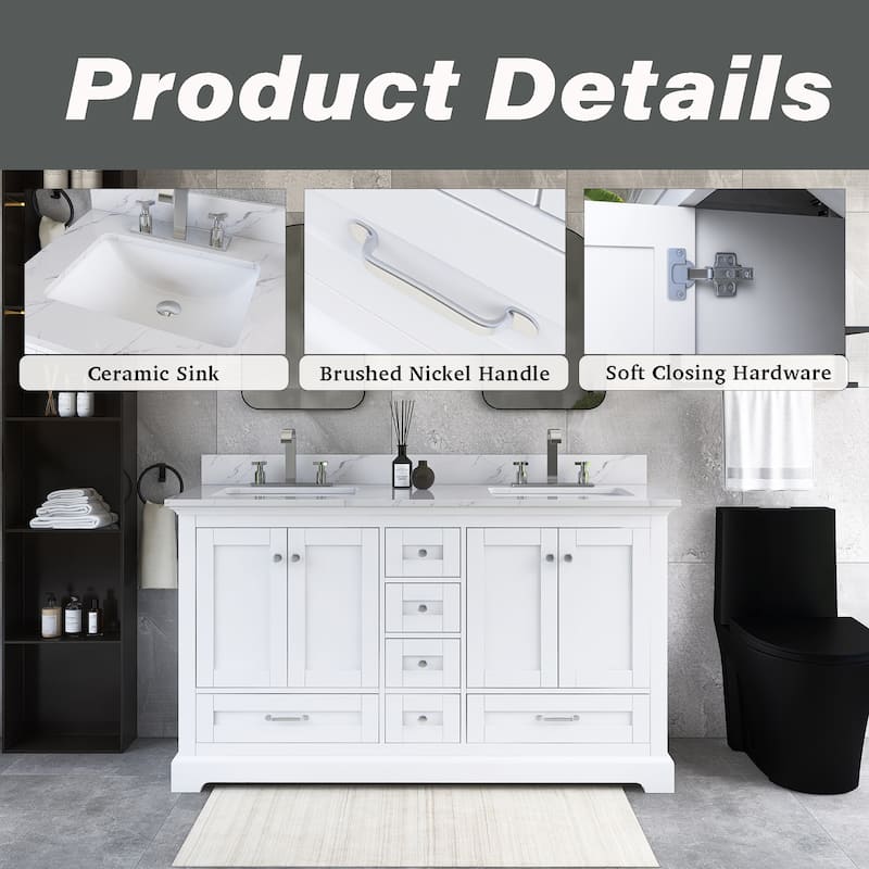 60 inch Plywood Double Sink Freestanding Bath Vanity with White Marble Top - 60" x 22"