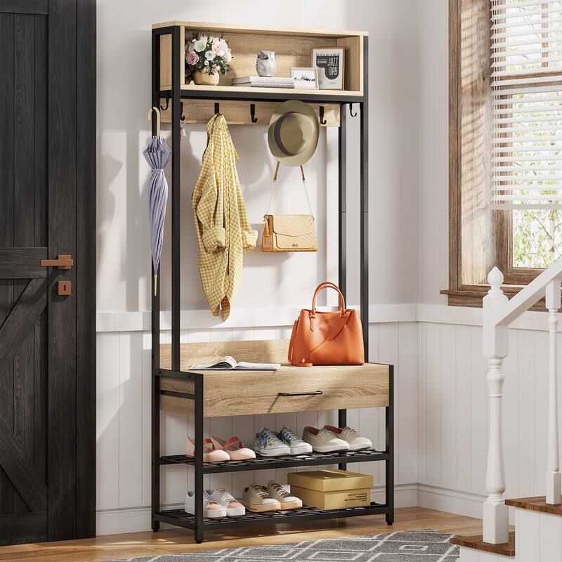 3in1 Hall Tree, Vintage Industrial Entryway Coat Rack with Shoe Bench