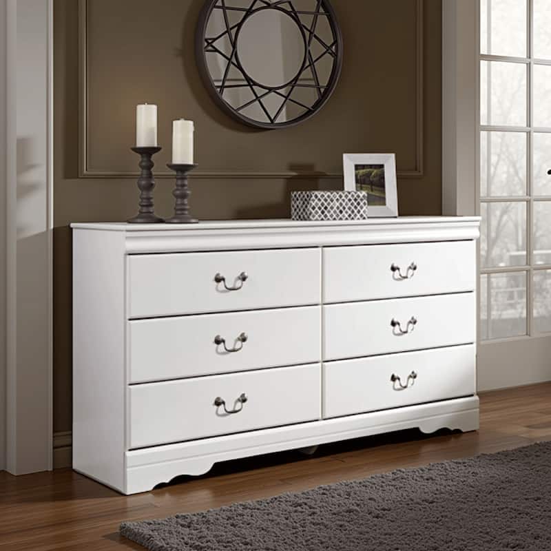 Roso Wide Dresser, Classic White, 6 Drawers w Pewter Metal Handles