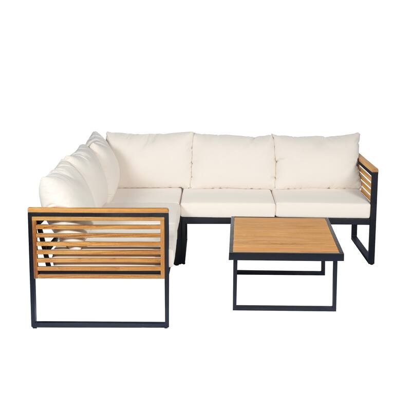 4-Piece Acacia Wood & Metal Frame Patio Corner Set - Outdoor Sectional Sofa with Weather-Resistant Cushions