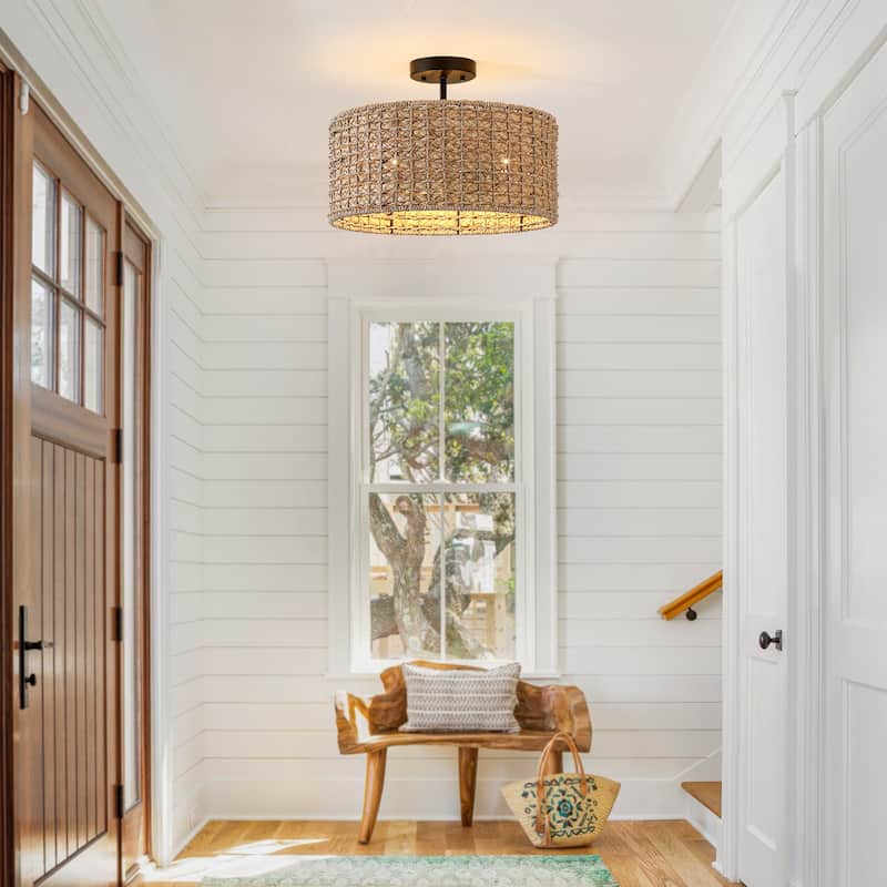 3-Light Rattan Drum Semi-Flush Mount Ceiling Light - 16'' W