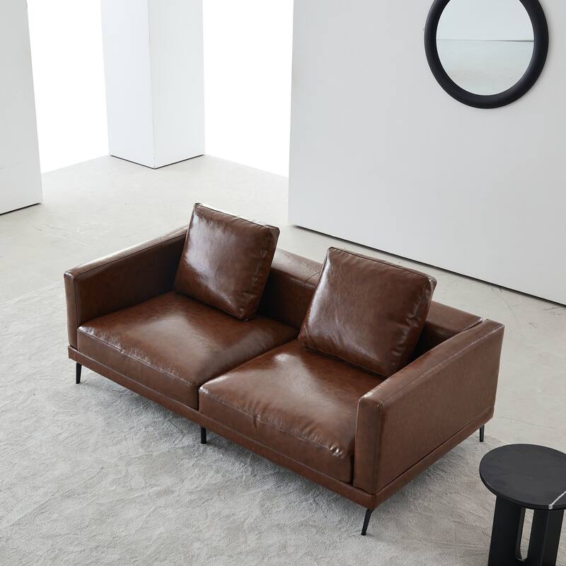 Modern Brown Couch Faux Leather Square Arm Down Filled Sofa