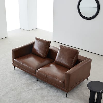Modern Brown Couch Faux Leather Square Arm Down Filled Sofa