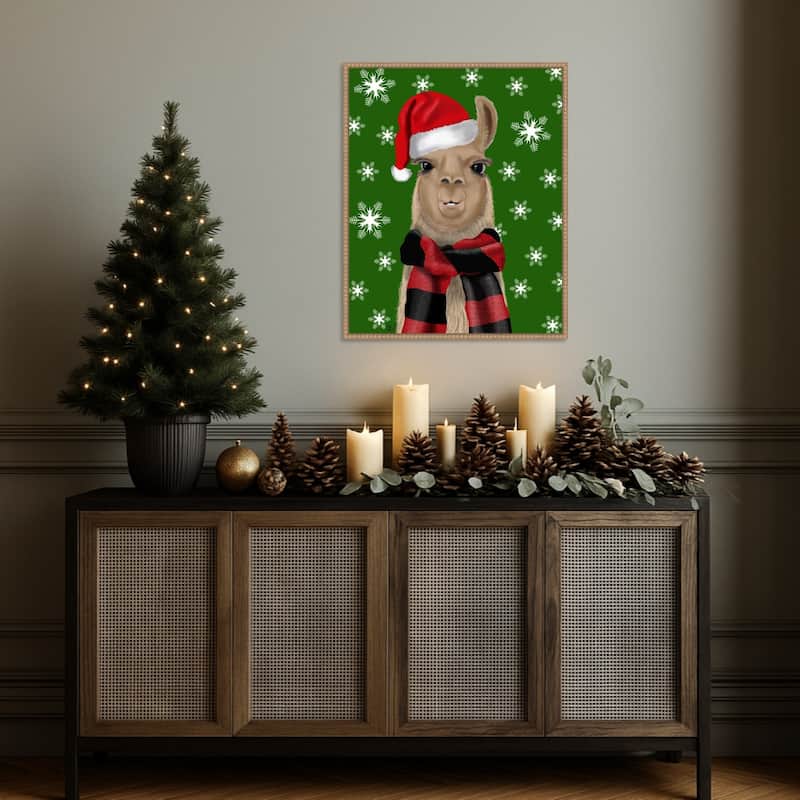 Llama Christmas Hat by Fab Funky (23 x 28 in.), Framed Canvas Wall Art Print - Sylvie Beaded Rustic Natural