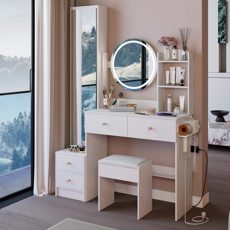 Vanity Dresser with Mirror and Stool Set Storage Drawers Luxury Furniture - White