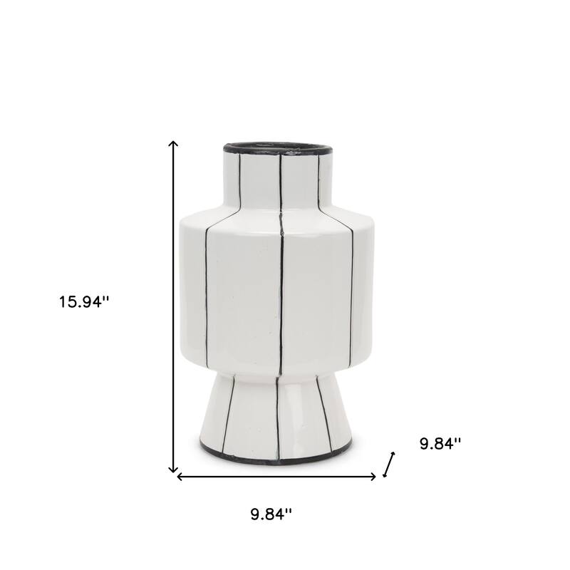 16" White And Black Striped Ceramic Cylinder Table Vase - 9.84