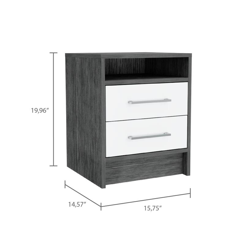 Smokey Oak and White Rectangle Nightstand with Two Drawers and Shelf