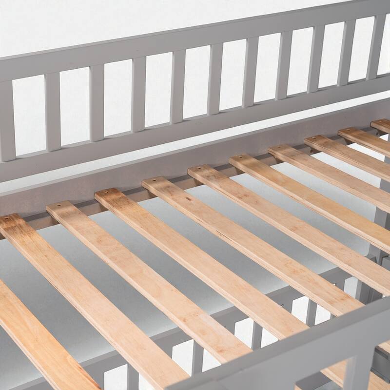 Twin Over Twin / Full Over Full Bunk Bed with Slide and Fence, Low Wood Frame with Ladder for Kids and Teens