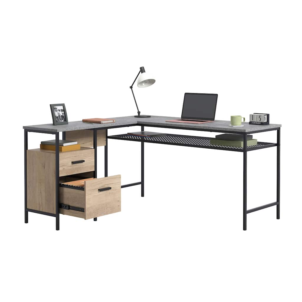 Wood L-Shaped Desk with File Drawer, Brown