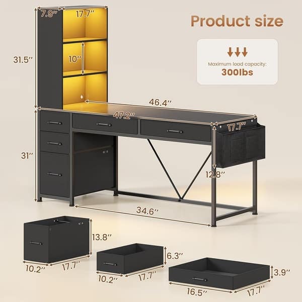 dimension image slide 5 of 10, L Shaped Computer Desk 5 fabric Drawers Gaming Desk Storage Shelf