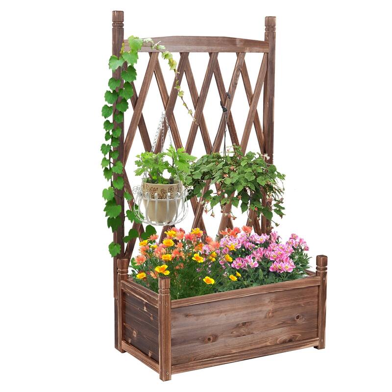Wooden Garden Plant Box with Trellis Flower Raised Bed Climbing - 25.2” W x 45.2” H