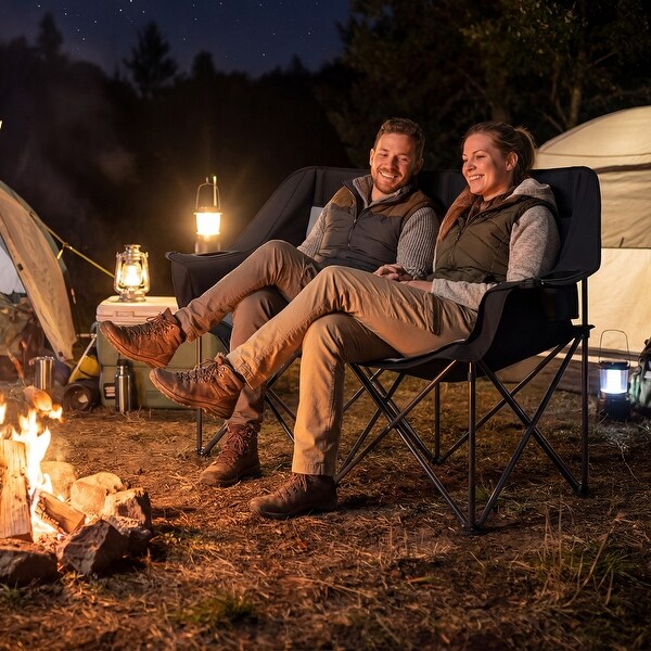 Gymax Double Camping Chair w/ Cup Holders Glass Racks & Mesh