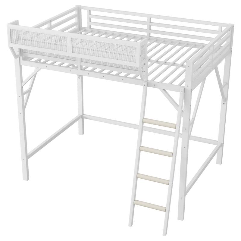 Full Size Metal Loft Bed with Ladder and Storage Shelves, High Loft Bed for Kids and Teens, White