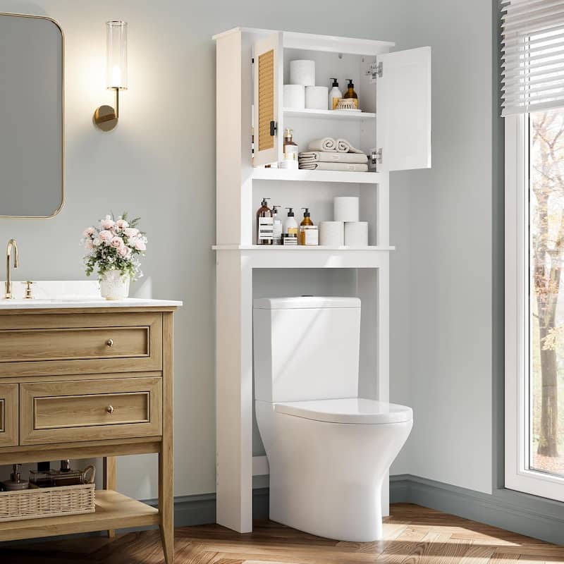 Over The Toilet Storage Cabinet with Rattan Door and Adjustable Shelf