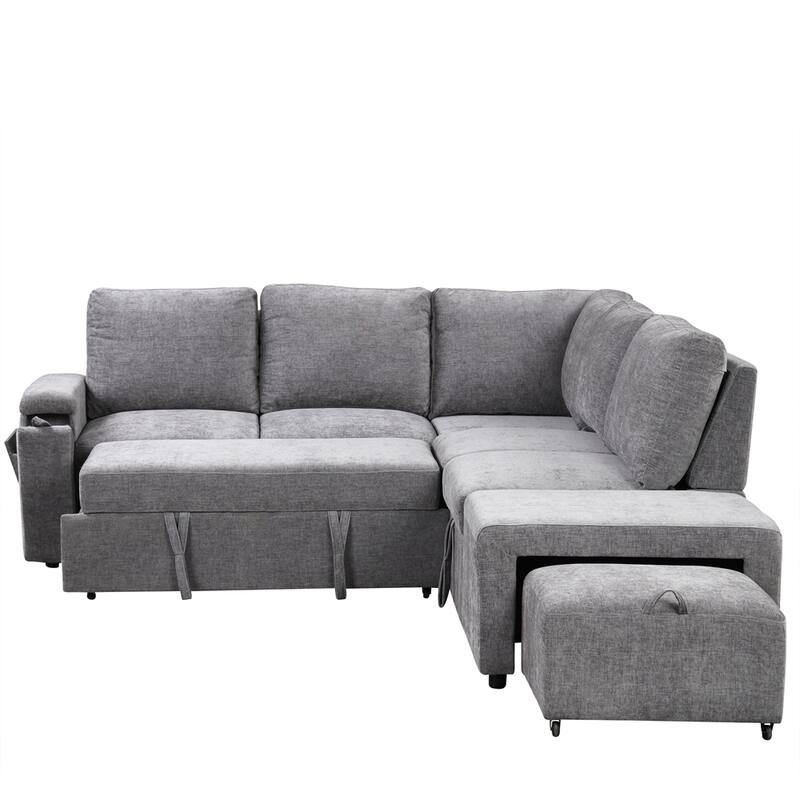L-shaped Padded Modular Sofa w/Storage Space,USB Ports & Cup Holders