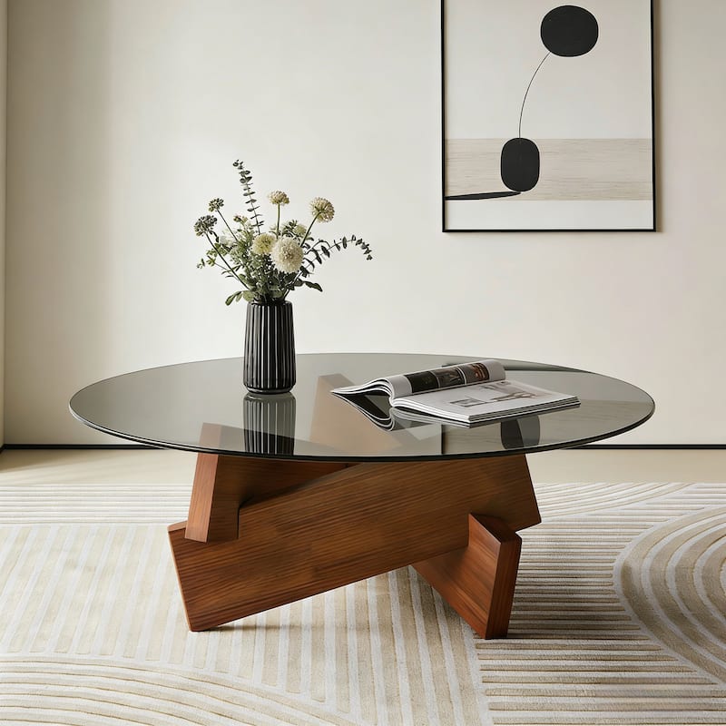 28" Round Mid-Century Coffee Table with Tempered Glass Top