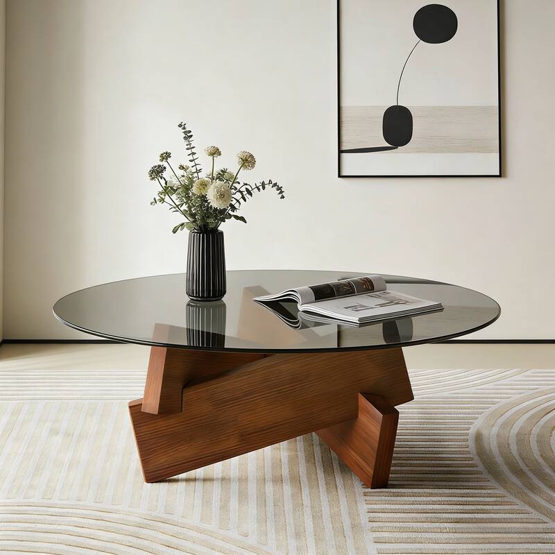 Modern Round Coffee Table for Living Room,Mid Century Center Table with Tempered Glass Top and Wood