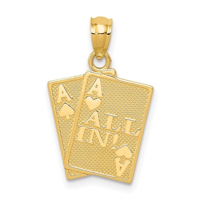 Curata 14k Yellow Gold 18" Ace of Hearts and Ace of Spade All In! Cards Pendant Necklace - 21x14mm