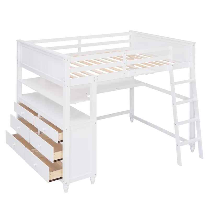 Full size Loft Bed with Drawers and Desk, Wooden Loft Bed with Shelves - White