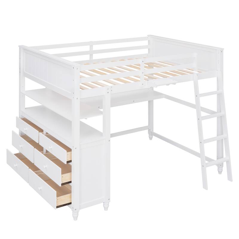 Loft Bed with Drawers and Desk, Wooden Loft Bed with Shelves