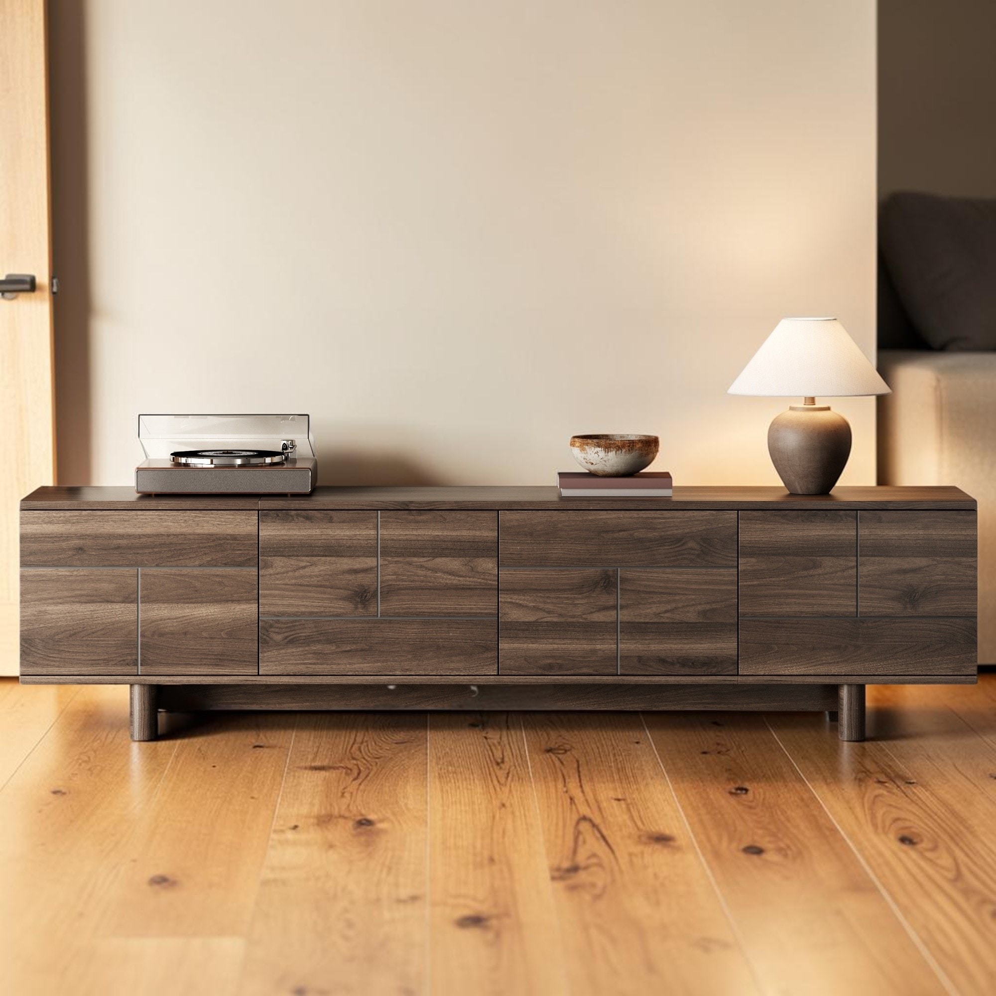 78.7'' Modern TV Stand for TVs up to 85 Inch with Solid Wood Legs, Adjustable Shelves and Storage