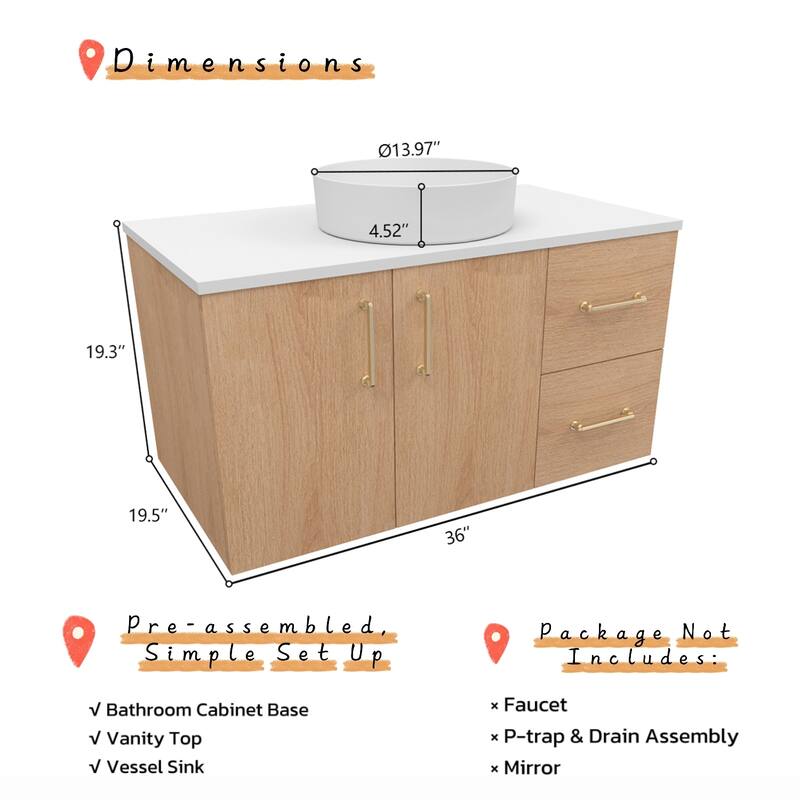 Prismella 36" 48" Floating Vanity with Round Vessel Sink, Quartz Top