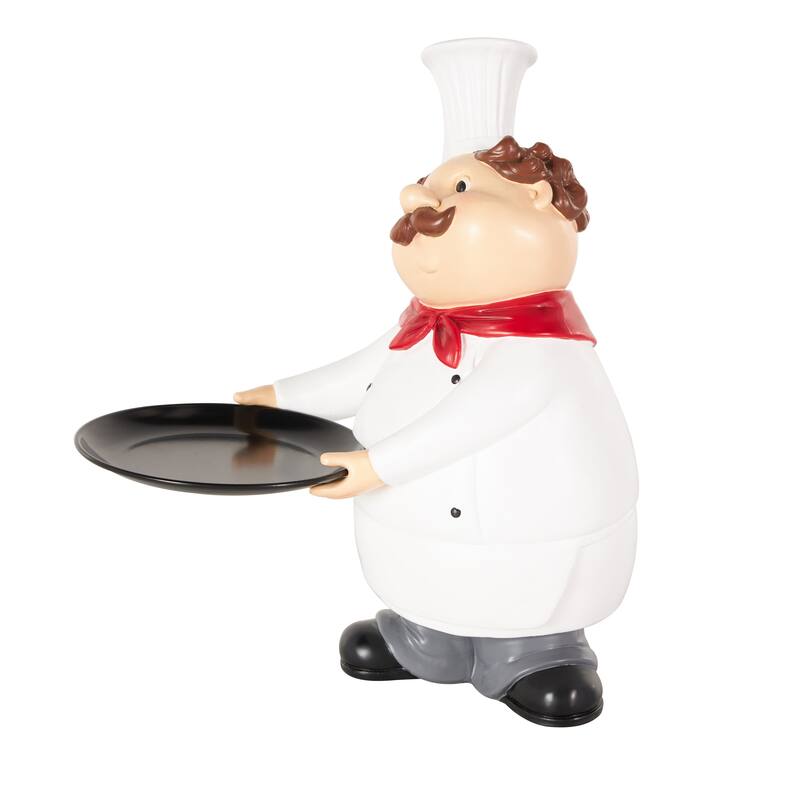 White Polystone Kitchen Decorative Figurine Chef Decorative Sculpture with Black Tray