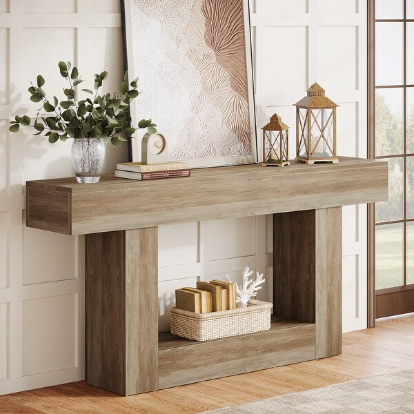 63 Inches Brown/ Gray Wood Entryway Table, Farmhouse Console