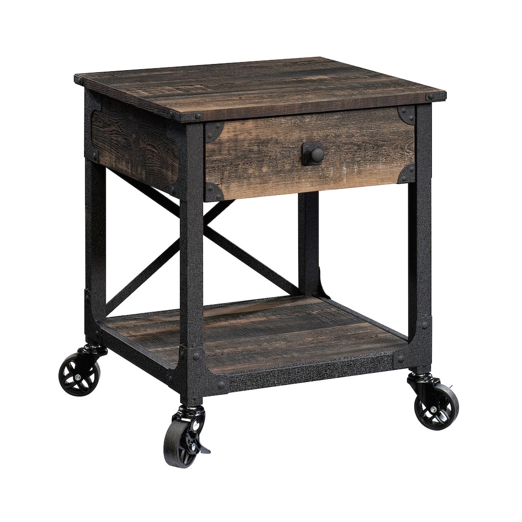 Wood Industrial Side Table with Smooth-Glide Drawers and Open Shelf, Brown - 22.44" L x 21.65" W x 23.11" H