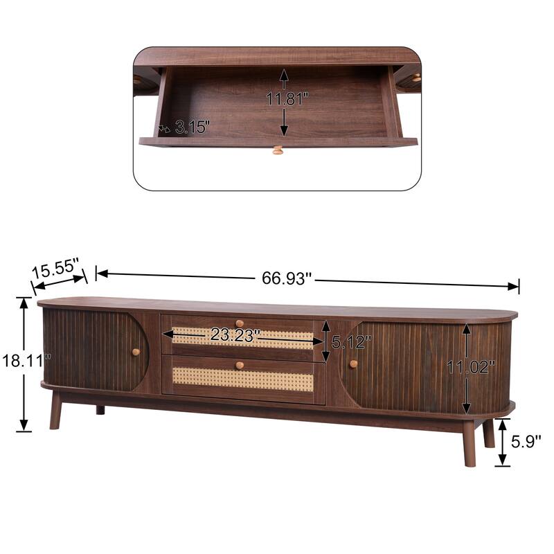 Rattan TV Stand for TVs up to 75'', Modern Farmhouse Entertainment Center with Solid Wood Legs and Storage Cabinets