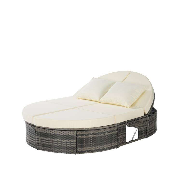 Outdoor Patio Rattan Round Daybed Sunbed with Adjustable Backrests and Foldable Cup Trays