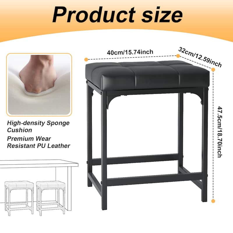 Set of 2 Black Faux Leather Vanity Stools with Metal Frame for Bedroom or Living Room - 15.74”L x 12.59”W x 18.70”H