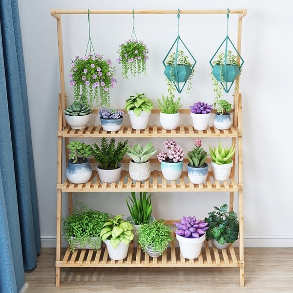 slide 1 of 17, 3 Tier Bamboo Hanging Plant Stand Ladder Flower Rack Hanging Baskets