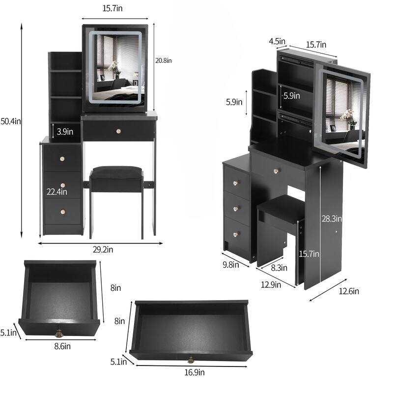 Vanity Desk with Touch Control Sliding LED Mirror, Vanity Set with Cushioned Stool, Makeup Table with Drawer and Storage Rack