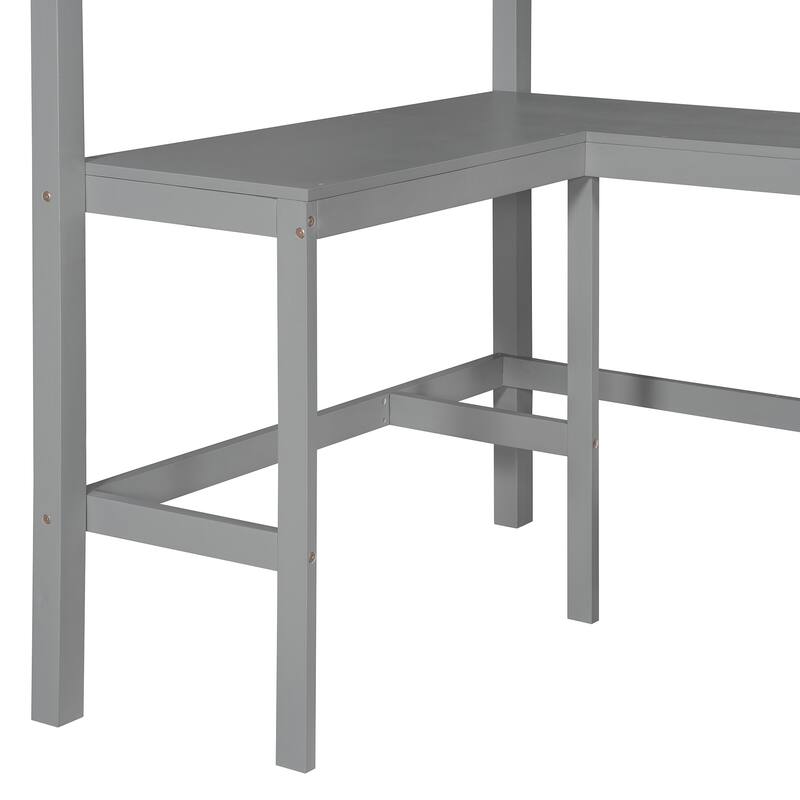 Space-Saving Twin Loft Bed with Desk and Shelves, Gray Finish