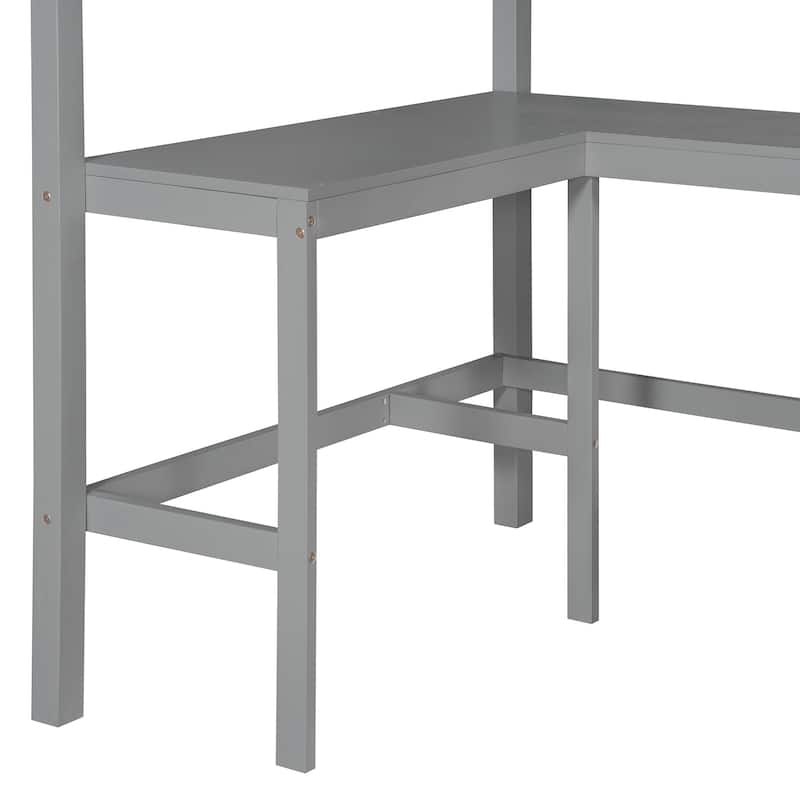 Wooden Twin Loft Bed with Desk, Shelves and Guardrails, Space Saving Design for Kids and Teens