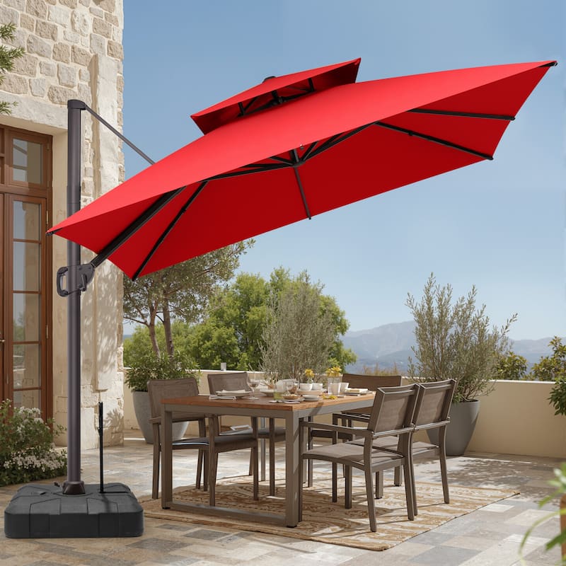 VredHom Double Top 10x10 FT Square Patio Cantilever Umbrella with Rod Wheel Base