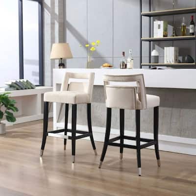 Bar Stools Set of 2 With Button Tufted Decoration and Wooden Legs Modern Velvet Bar Chairs For Kitchen Dining Room Home Bar