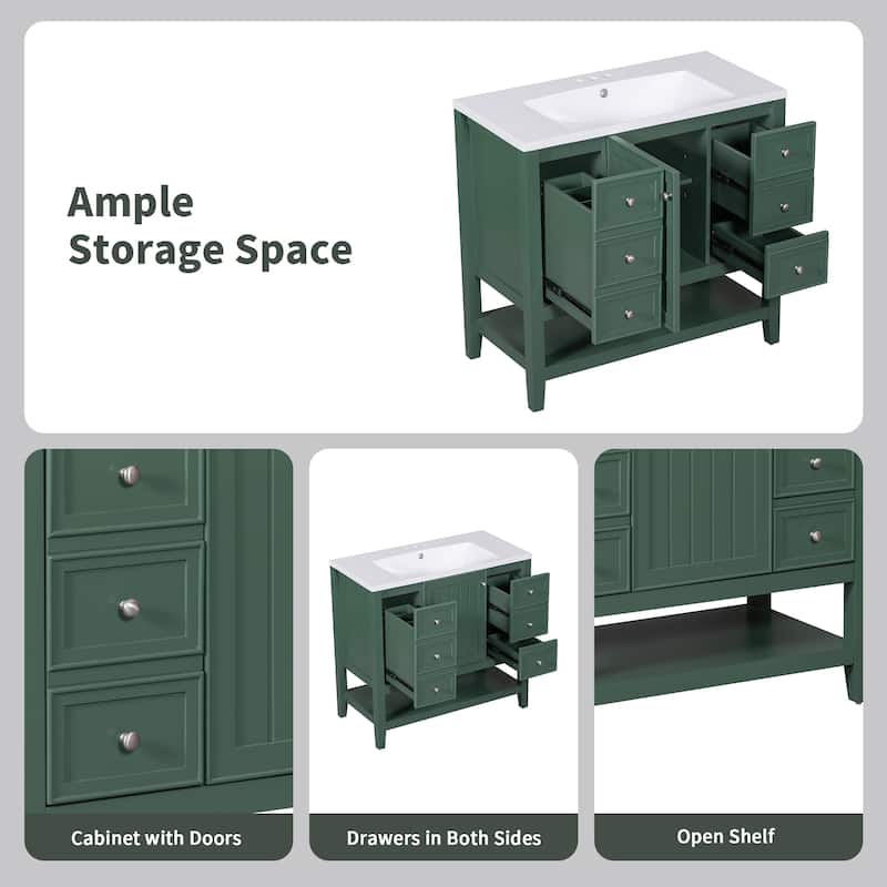 36" Bathroom Vanity with Sink Combo, One Cabinet and Three Drawers, Solid Wood and MDF Board