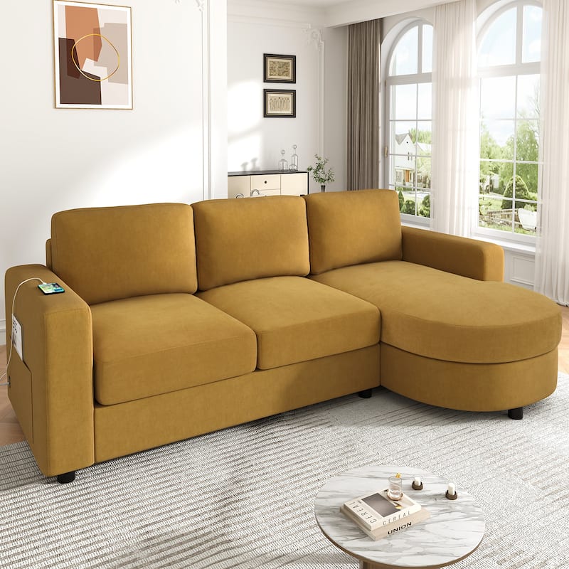 Modern L-Shaped Sofa with Curved Chaise, USB Charging Ports & Storage Pockets for Small Space