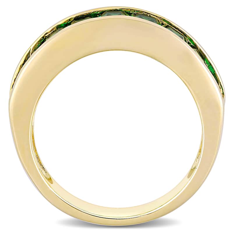 Miadora Yellow Plated Sterling Silver Baguette-cut Created Emerald Semi-Eternity Anniversary Band Ring