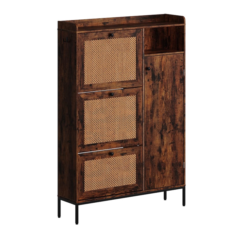 Shoe Cabinet, Natural Rattan Freestanding Shoe Organizer with 3 Flip-out Drawers and 4 Open Shelves Side Cabinet